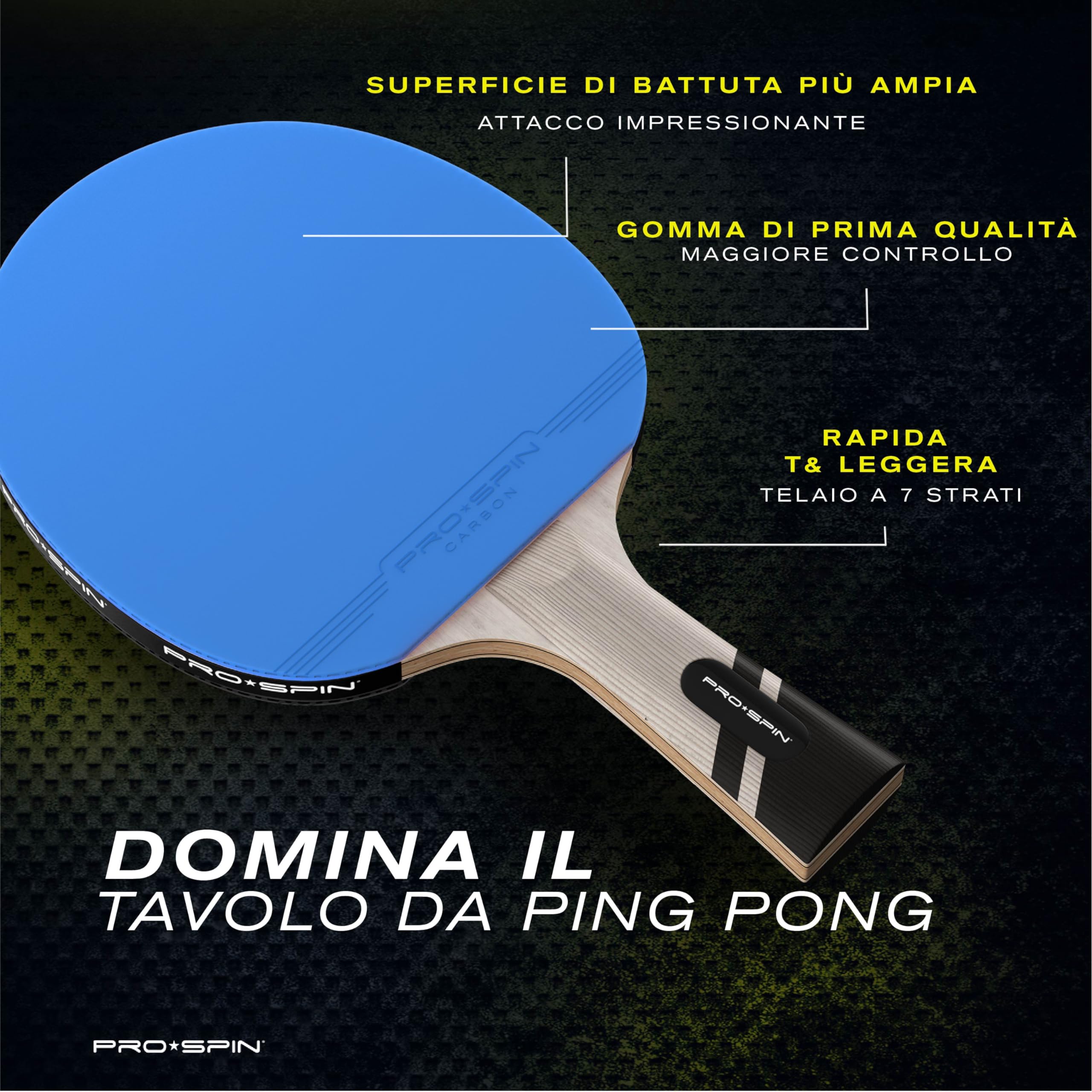 PRO-SPIN Racchetta Ping Pong in Fibra di Carbonio -7 strati, Gomma Offensiva, Spugna 2 mm, Dai il Massimo con la Racchetta Ping Pong Serie Élite in Carbonio
