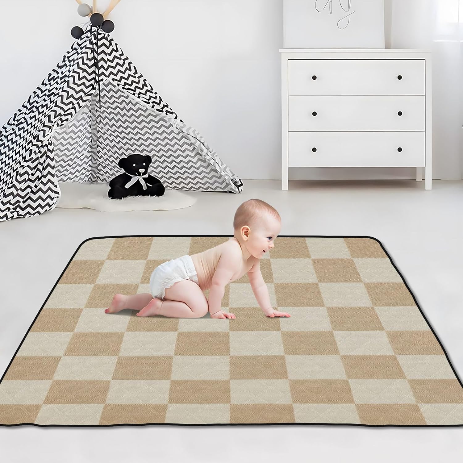 Baby Play Mat - 50" X 50" Baby Play Mats for Playpen & Floor, Checkered Beige Soft Foam Crawling Mat for Babies and Toddlers Infants, Foldable Waterproof, Machine Washable