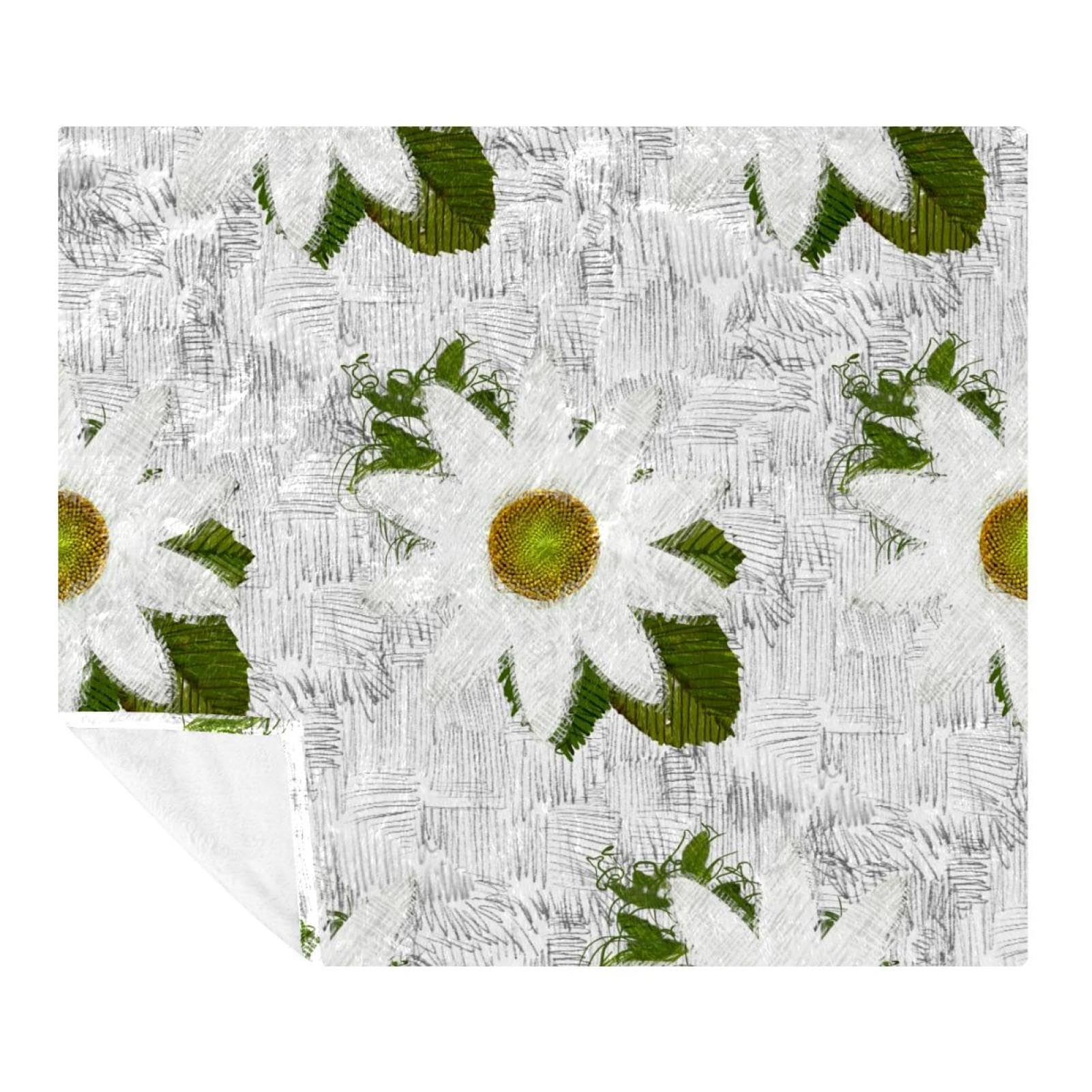 Couverture microfibre 150x200 cm à motif camomille blanche pour lit et canapé