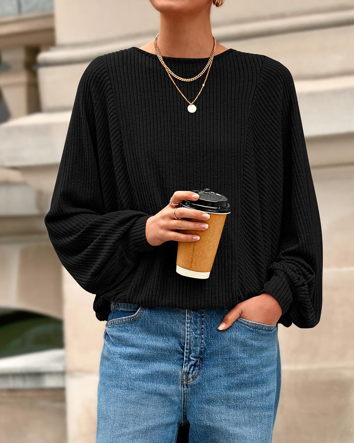 BTFBM Casual Fall Tops for Women 2025 Long Sleeves Solid Shirts Crew Neck Loose Fit Work T Shirt - Image 6