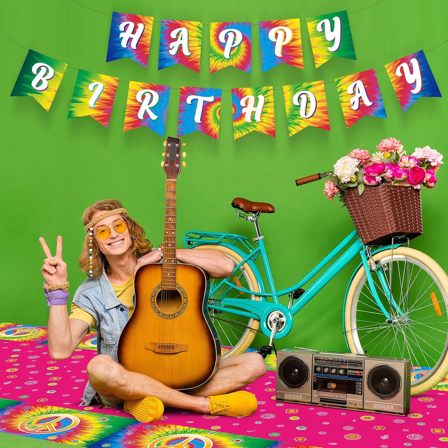 172 Pcs Tie Dye Birthday Party Supplies Serves 24, 60's Hippie Theme Party Decorations Happy Birthday Banner Tie Dye Tablecloth Peace Love Plates Napkins Tableware Set for 60s Hippie Groovy Party