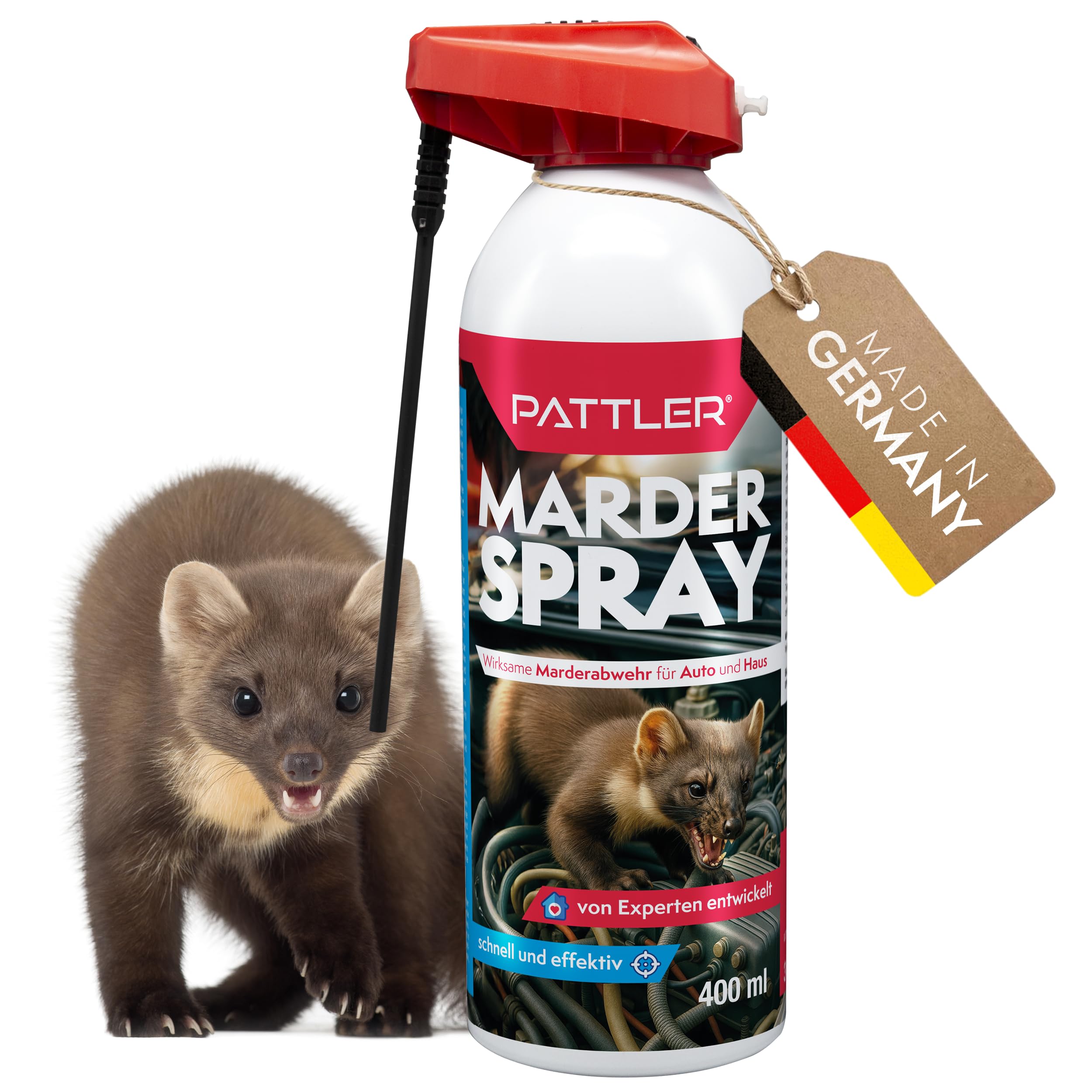 PATTLER® Marderspray für Auto - 400ml. Marderabwehr Auto Hocheffektive Anti Formel mit Sofortwirkung als Dachboden. Langfristschutz für Objekte gegen Marder. In Deutschland Entwickelt & Produziert.