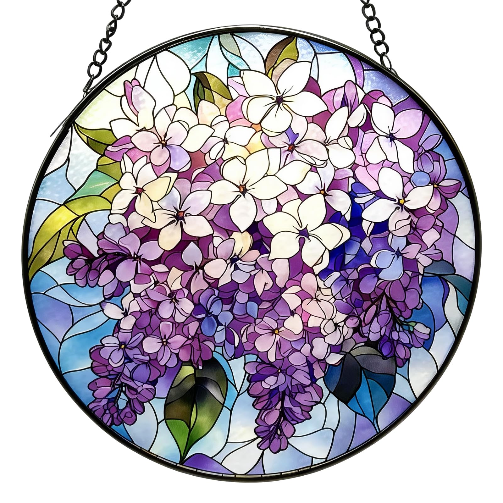 Stained Glass Window Hanging, Lily of The Valley Flower Sun Catchers Colorful Glass Panel Green Plants Suncatcher Decor for Birthday for Women,Men,Wife, Lovers, and Mom 6.3 in (Lilac)