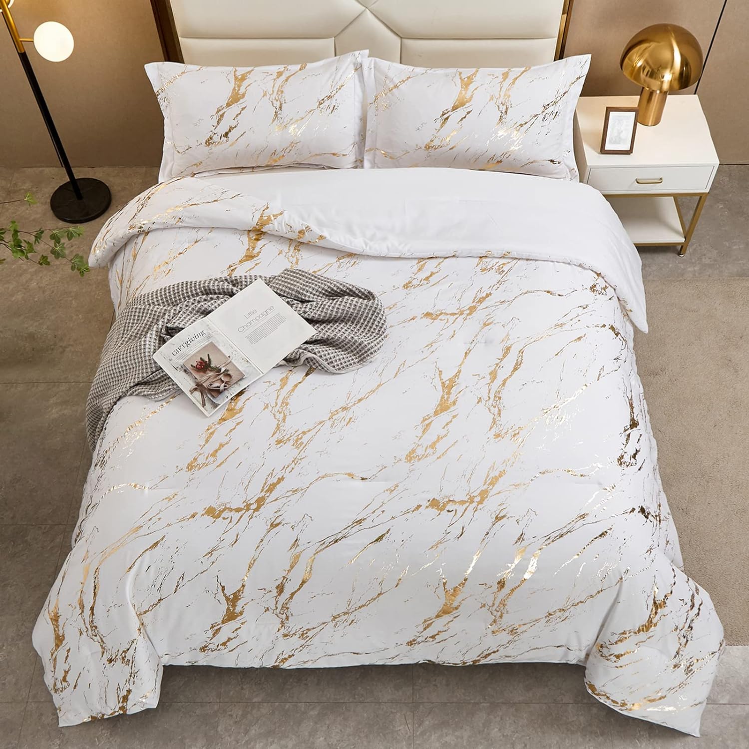 WONGS BEDDING White Gold Metallic Marble Comforter Set Queen Foil Print Glitter Bedding Sets with 2 Pillowcases for All Seasons, Soft Microfiber Filling Bedding Duvet Set 90"x90" - Image 5