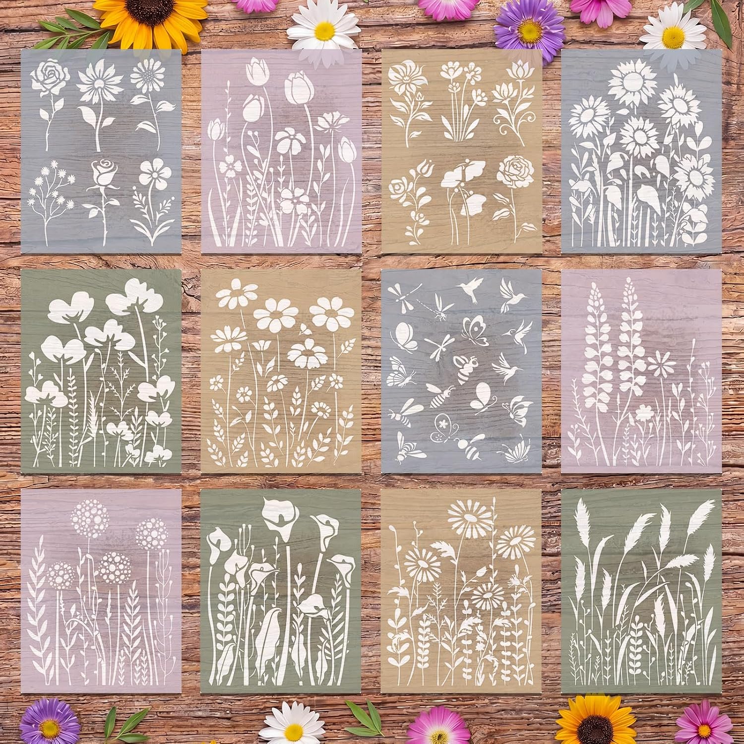 Colarr 12 pcs Wildflower Stencil for Painting,Reusable Large Floral Design Butterfly Plant Stencils Template for Art DIY Furniture Decor Wood Wall Home