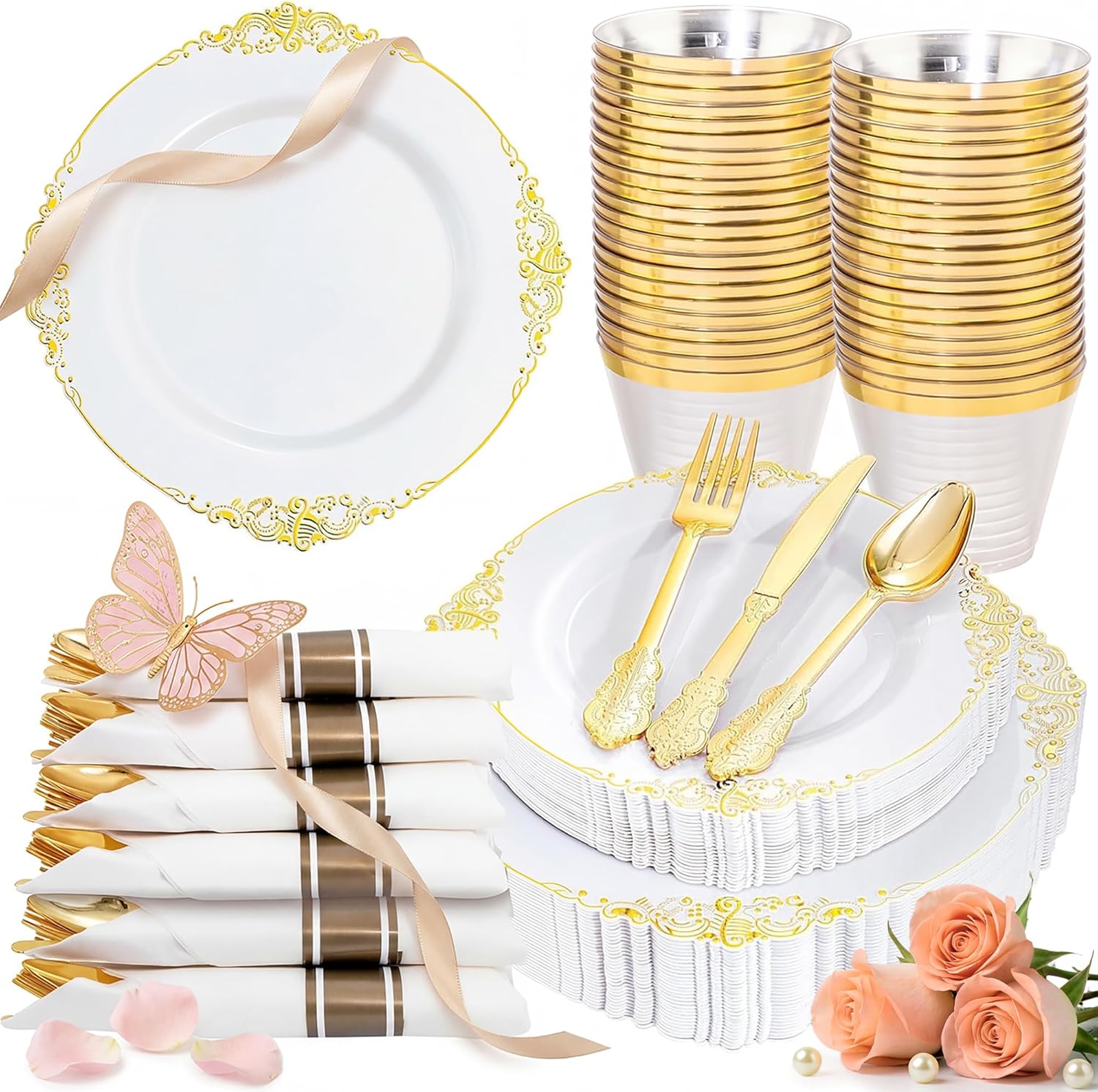 Nervure 175PCS White and Gold Plastic Plates - Disposable Dinnerware Set Include 50 Gold Plates for Dinner and Dessert, 75 Cutlery, 25Cups 25Napkins for Wedding & Party & Mothers Day