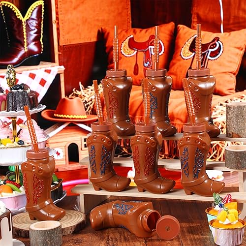 Miniatura 9 de Hoolerry 12 vasos de plástico para fiesta de botas de vaquero con pajitas y tapas, tazas de plástico de 10 onzas para suministros de fiesta temática