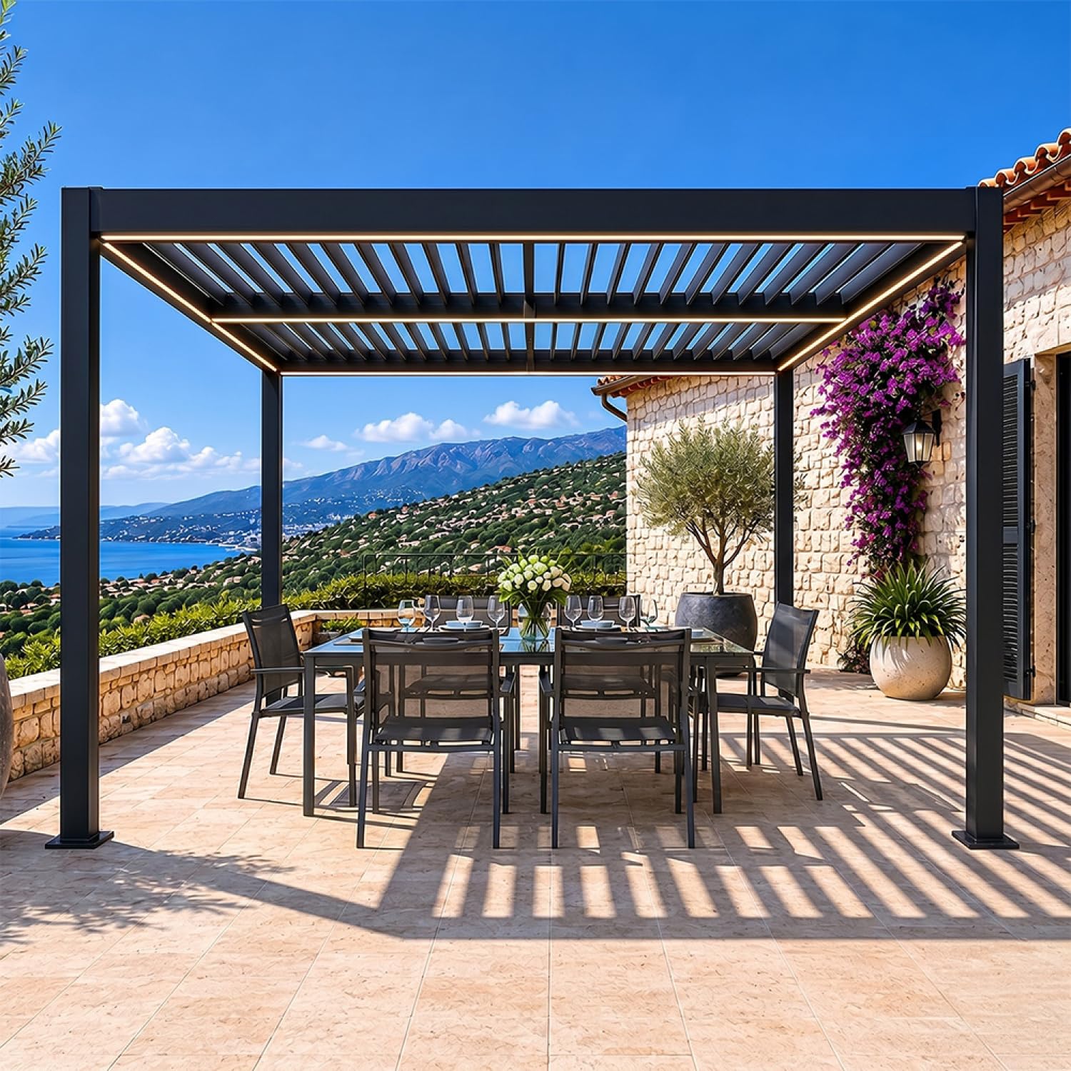 Pergola Bioclimatique CORFU LED 300 cm Noir Aluminium Lames Orientables