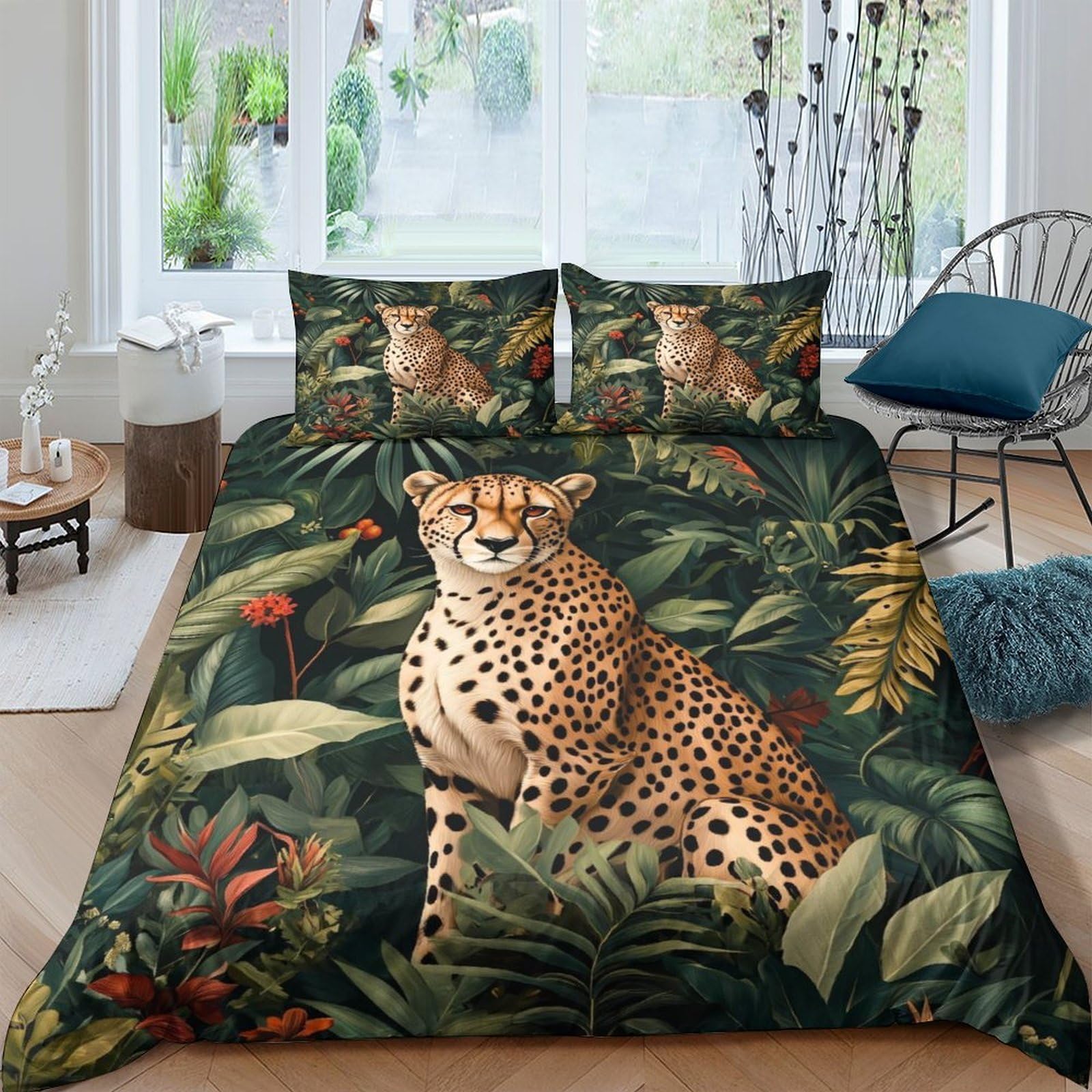 Ctjqhvkz Style-6 3D Printed Jungle Cheetah Fitted Sheet Microfiber Soft Animal Leaves Mattress Cover For Bedroom Dorm Decoration Single（135X200cm）