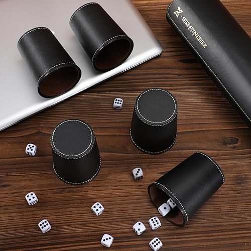 Miniatura 2 de Juego de tazas de cuero para dados, 5 tazas de dados de cuero negro + 25 dados + estuche exclusivo de almacenamiento y transporte hecho de piel