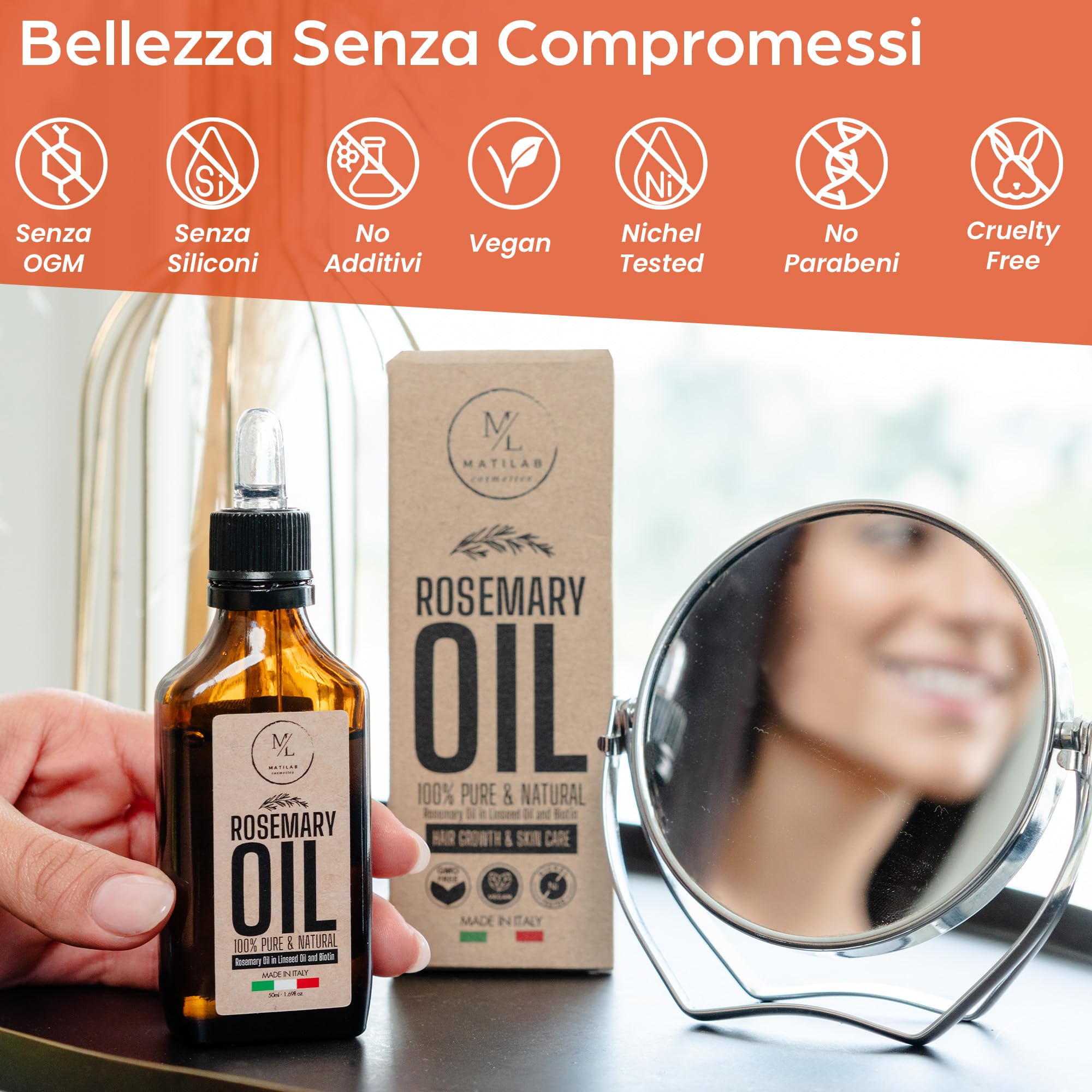 Olio di Rosmarino per Capelli, Stimola la Crescita e Previene la Caduta, Rinforzante con Lino e Biotina, Nutre il Cuoio Capelluto Secco, Infoltisce Ciglia e Sopracciglia, Made in Italy 100%