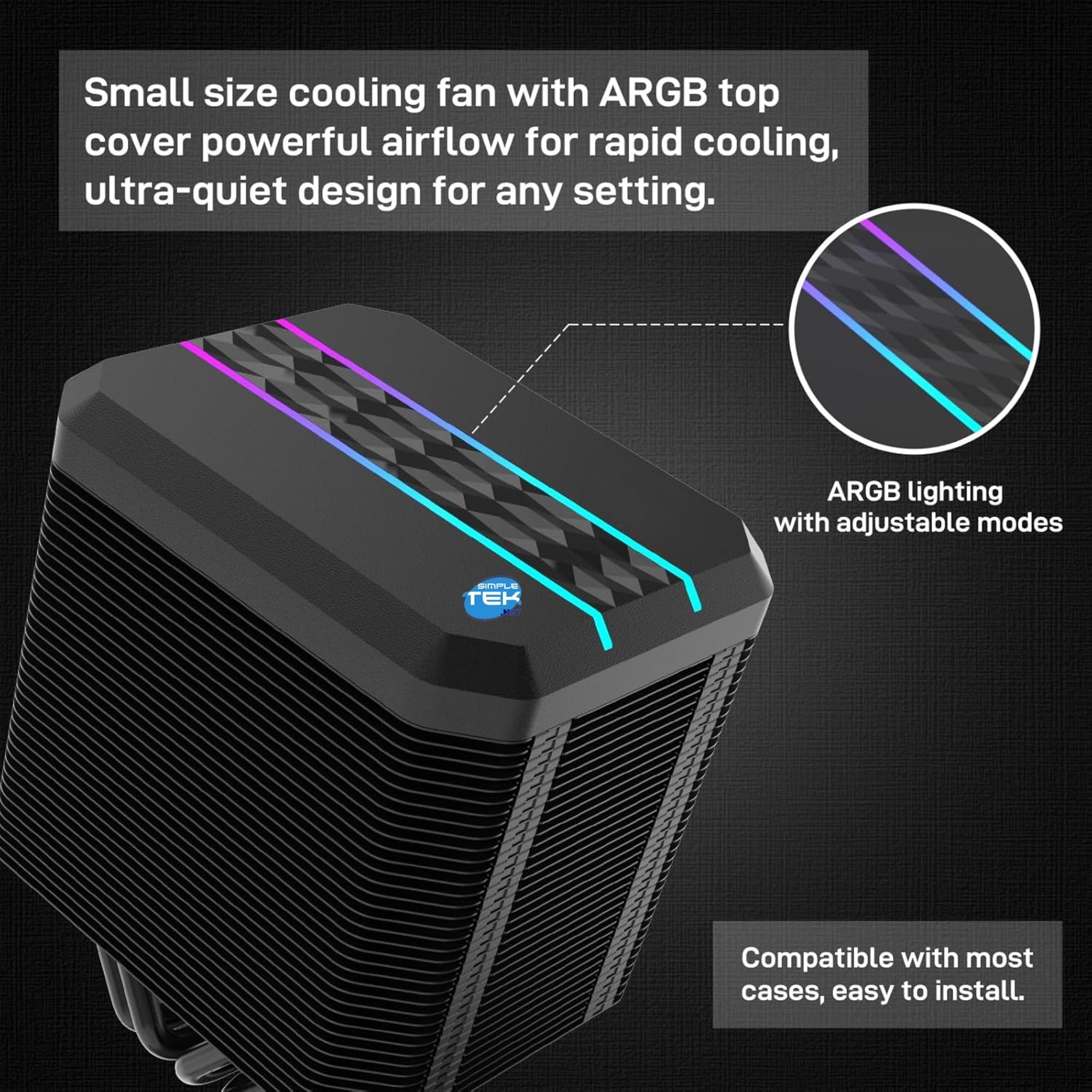 SIMPLETEK - Disipador CPU ARGB 92mm | 12V, 180W TDP | Compatible con 1851 1700 1200 1156 1155 1150 1151 1366 2011 AM3 AM4 AM5 | Negro