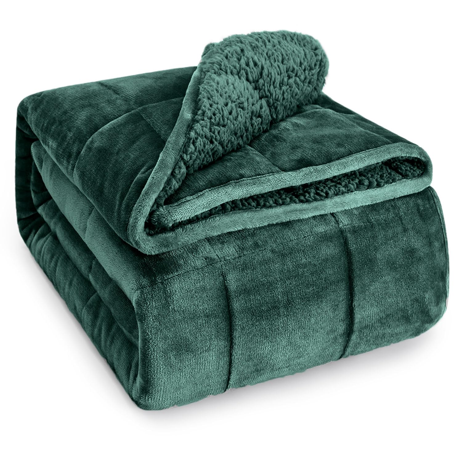 Wemore Sherpa Fleece Weighted Blanket for Adult, 15 lbs Dual Sided Cozy Fluffy Heavy Blanket, Ultra Fuzzy Throw Blanket with Soft Plush Flannel Top, 60 x 80 inches, Green on Both Sides