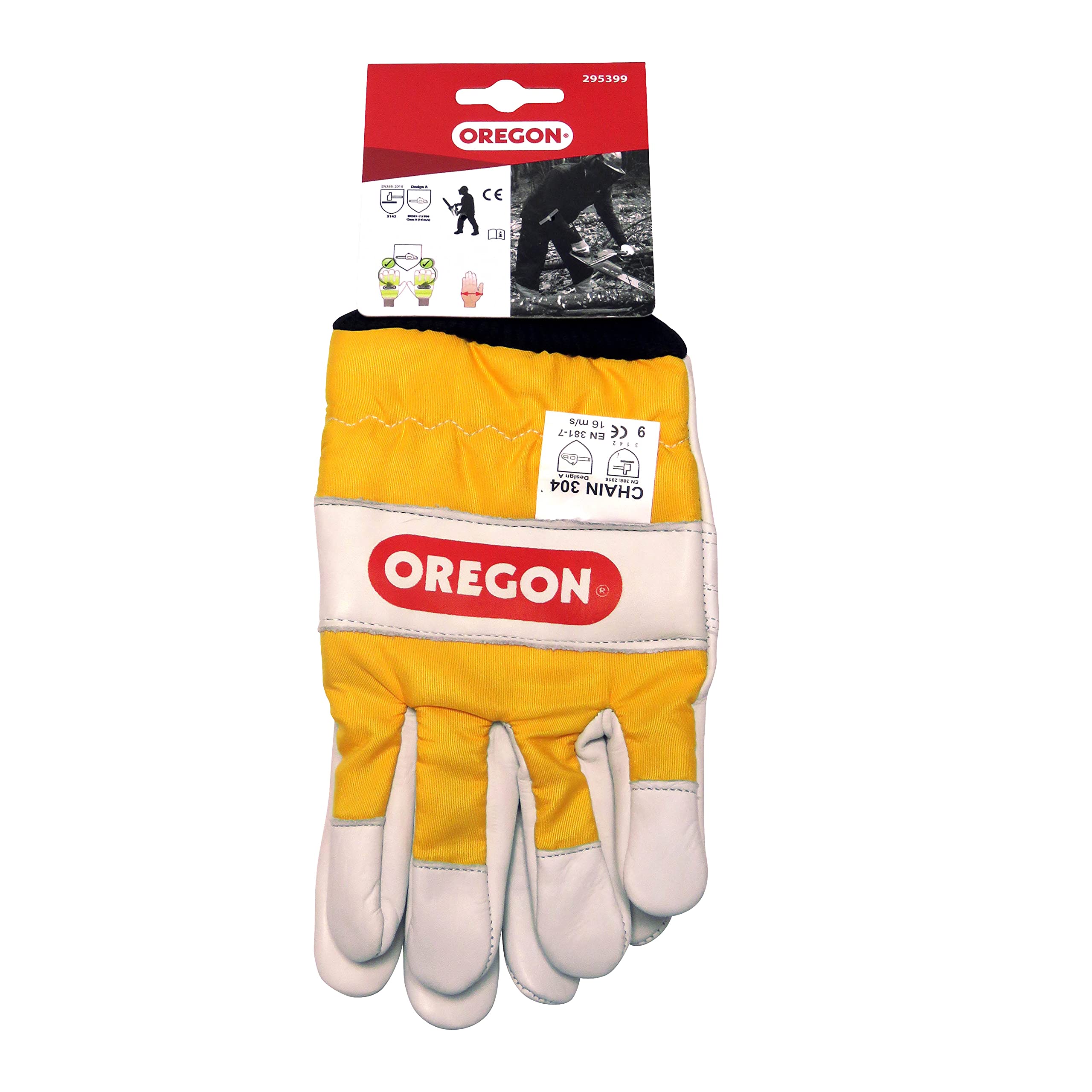 Oregon 575780 - Perneras anticorte para motosierra + Guantes de Seguridad para Cortar con Motosierra, Piel - 1 Par (M)