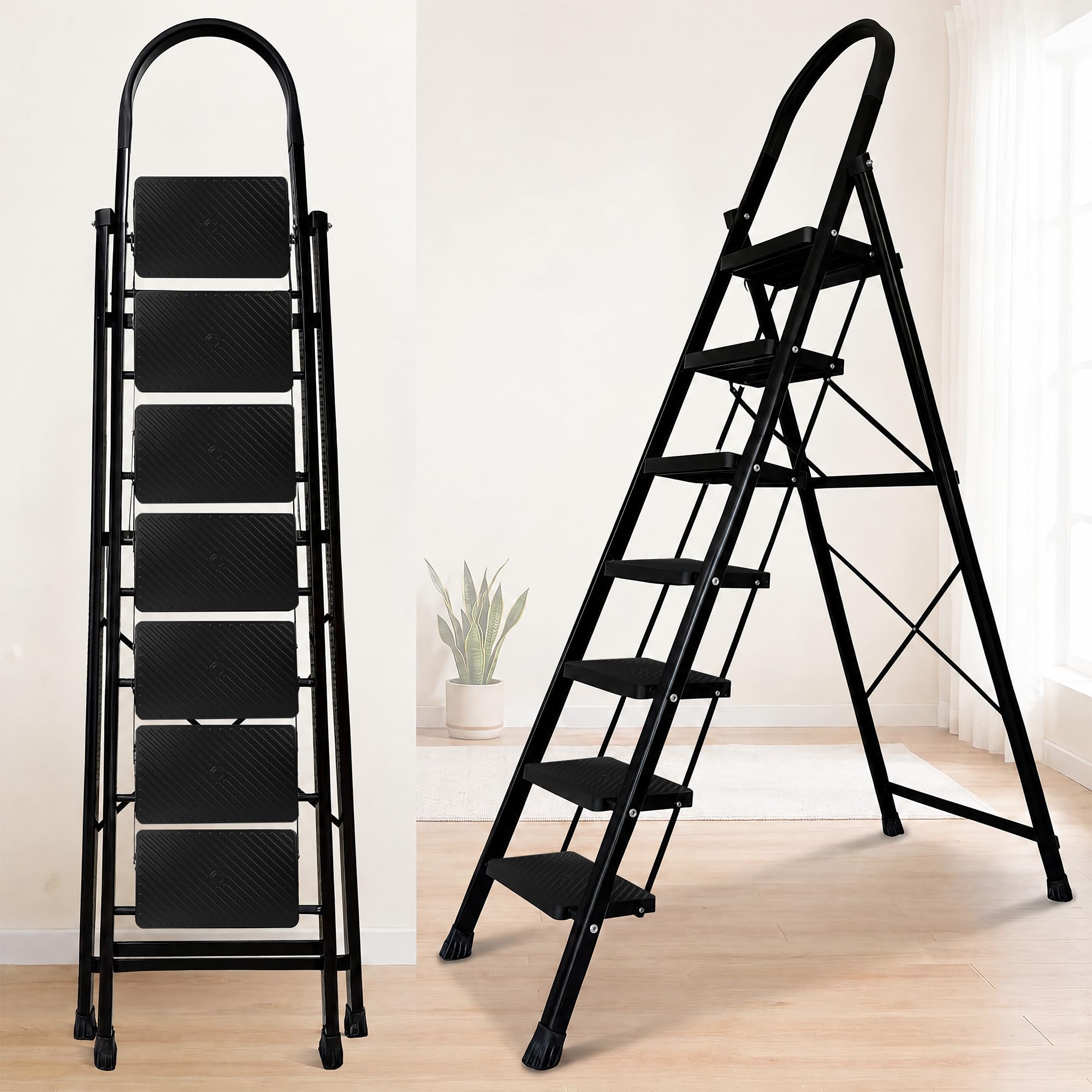 HOUZA Steel Ladder for Home 7 Steps Foldable with Anti-Skid Wide Steps (30cm x 20cm) | 7 Step Ladder for Home Use with D-Shape Rods | Secure Lock | 150 Kg Capacity Folding Ladder | 5 Year Warranty