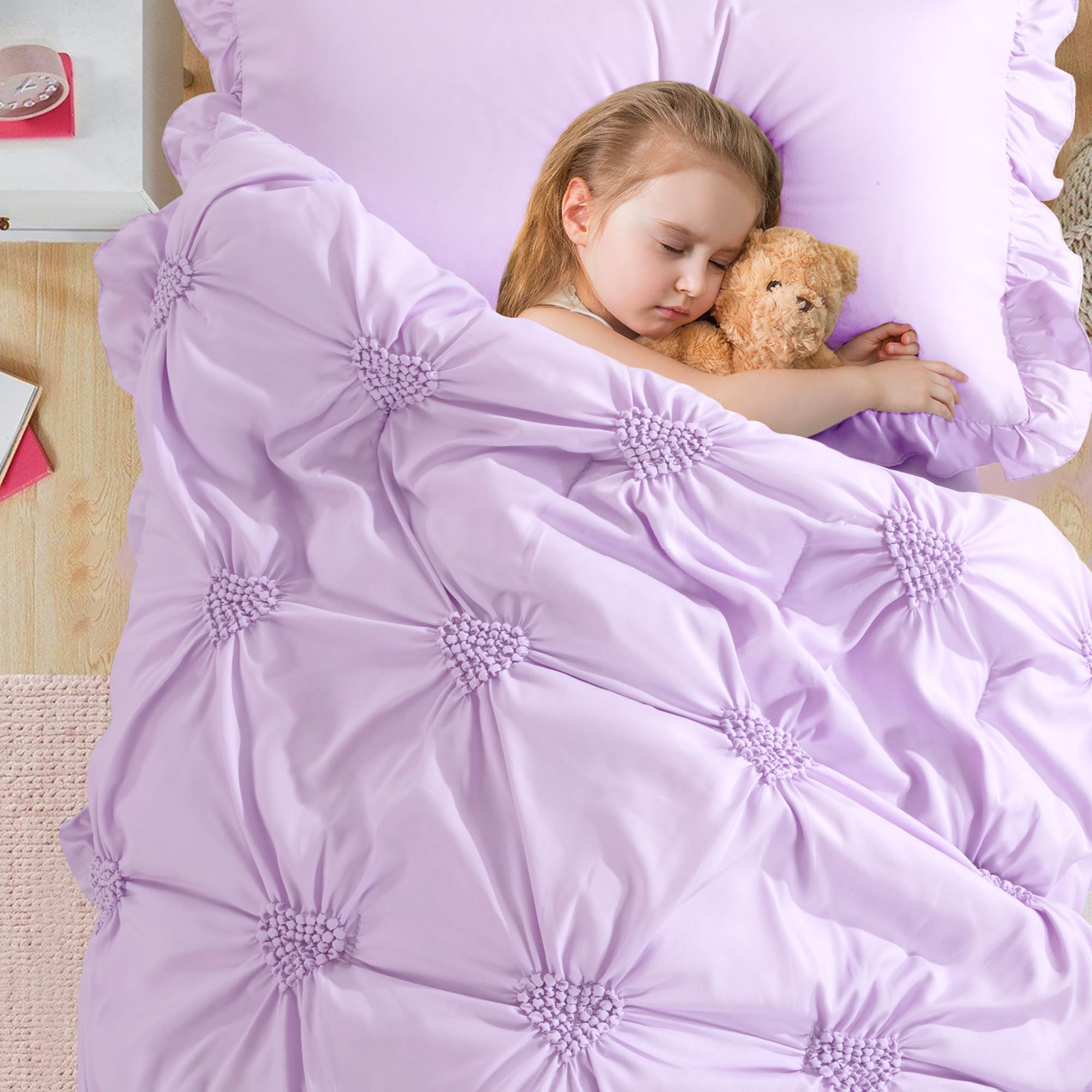 HOMBYS Juego de ropa de cama de princesa púrpura de 4 piezas para niñas y niños, juego de edredón plisado ultra suave con volantes para todas las estaciones