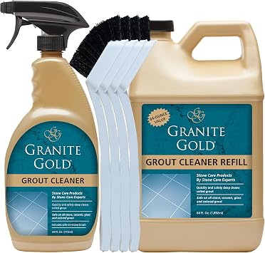 Granite Gold Grout Cleaner Spray with Brush for Stone, Ceramic, Glass & Colored Grout, 64 Fluid Ounces + 24 Fluid Ounces + 4 brushes