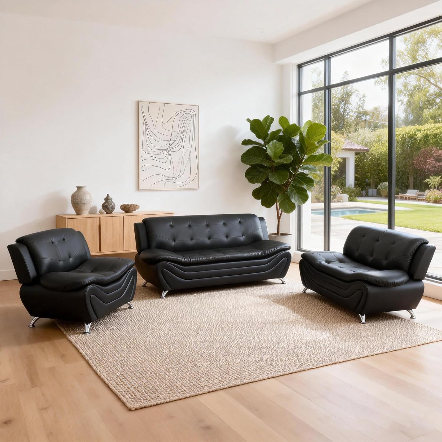 3PCS Sofa Set for Living Room, Modern Leather Couch with Chair, Loveseat & Sofa, 3 Pieces Living Room Furniture (Set, Black&White Leather)