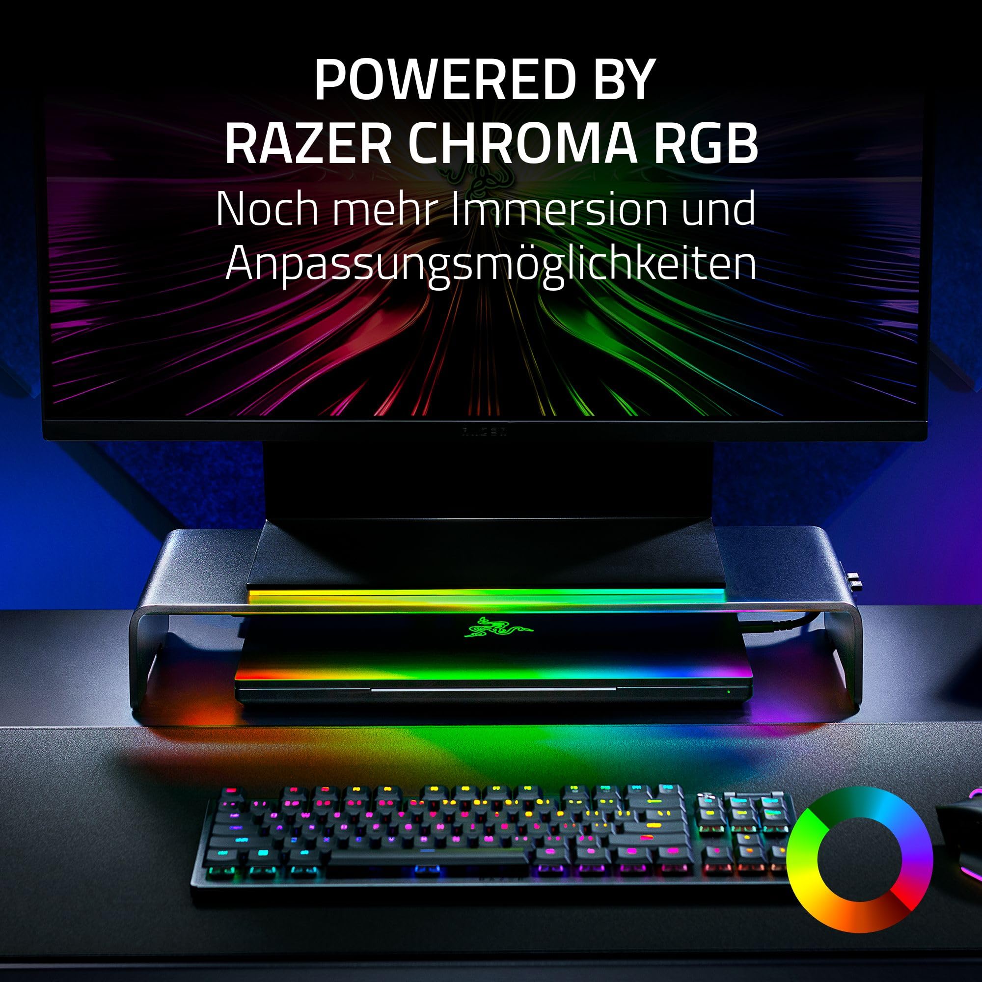 Razer Monitor Stand Chroma - Aluminium Monitor Ständer mit 4-fach-USB-C Hub mit Chroma RGB (50cm x 21cm x 7,85cm, Robuste Konstruktion, 20 kg Traglast, Ergonomische Höhe) Schwarz