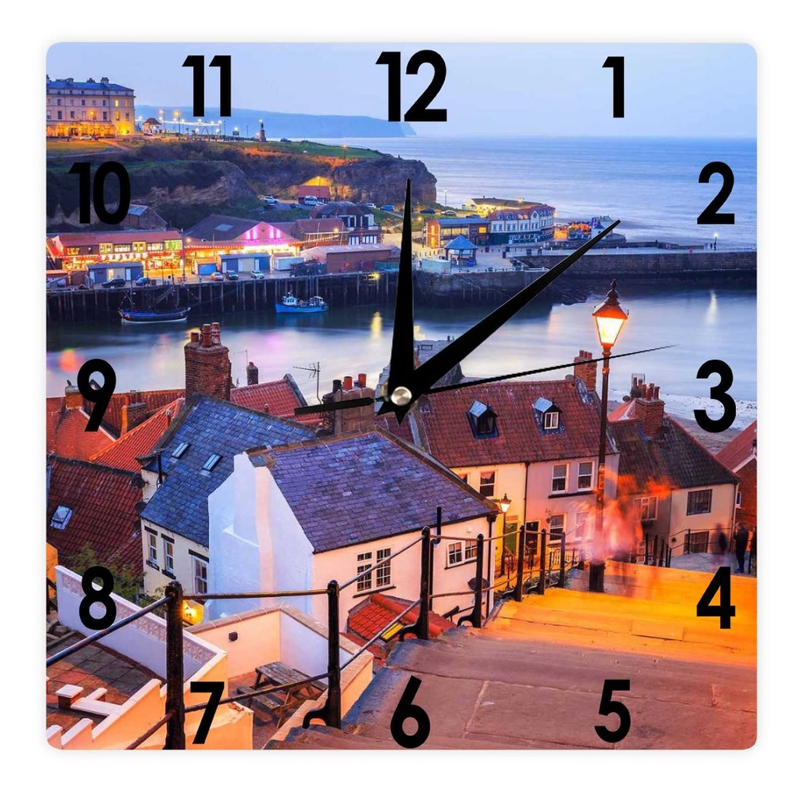 Higoss Square Wall Clock Whitby, North Yorkshire, UK Silent Non-Ticking Clock 12 Inch, Battery Operated Accurate Landscape/Cityscape Farmhouse/Home/Office Decor