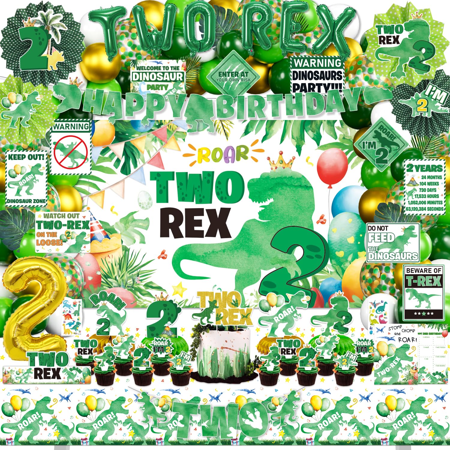 FrozzlyFun Two Rex Birthday Decorations Boy for 2nd Boys, 131Pcs 2 Rex Dinosaur Dino Party Decor Supplies - Backdrop, Banner, Tablecloth, Centerpieces
