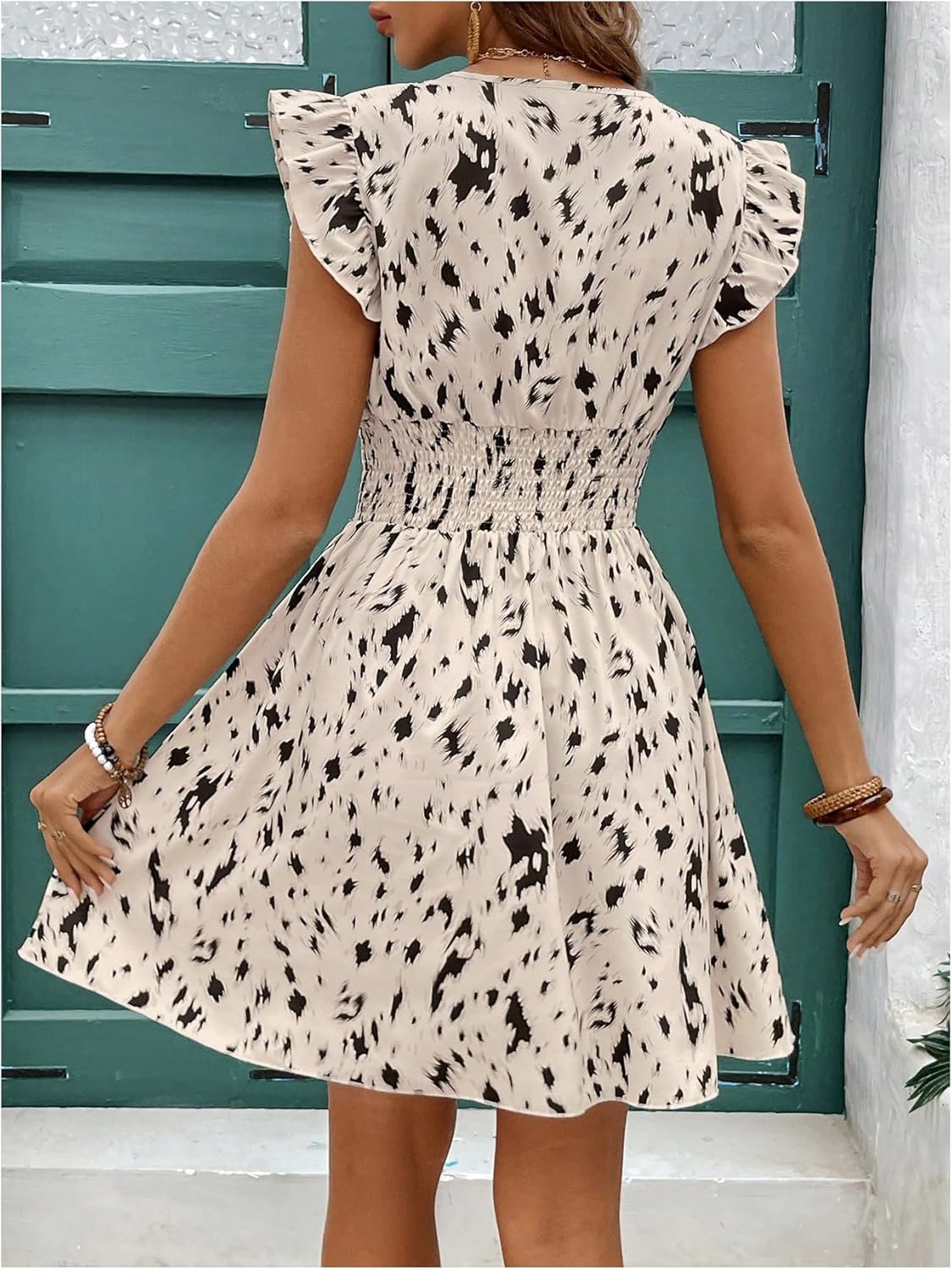 Floerns Women's Printed V Neck Ruffle Cap Sleeve Dress Ruched A Line Mini Dresses - Image 2