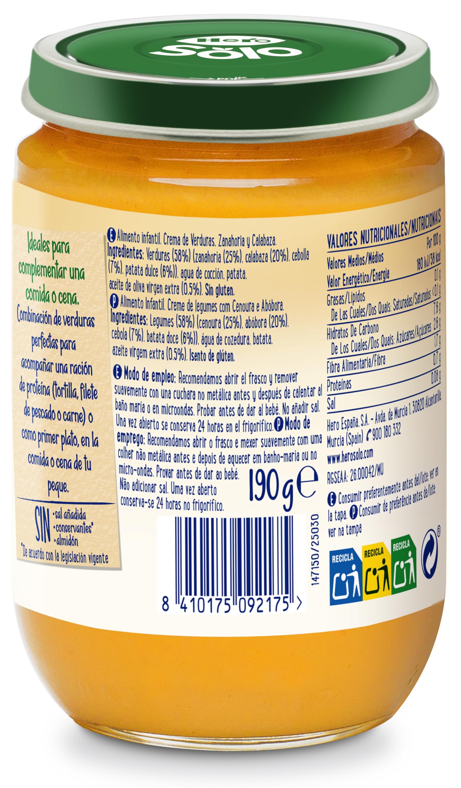Hero Solo Tarrito Verduras Bebé Zanahoria Calabaza con Aceite de Oliva Virgen Extra 190g x 12U