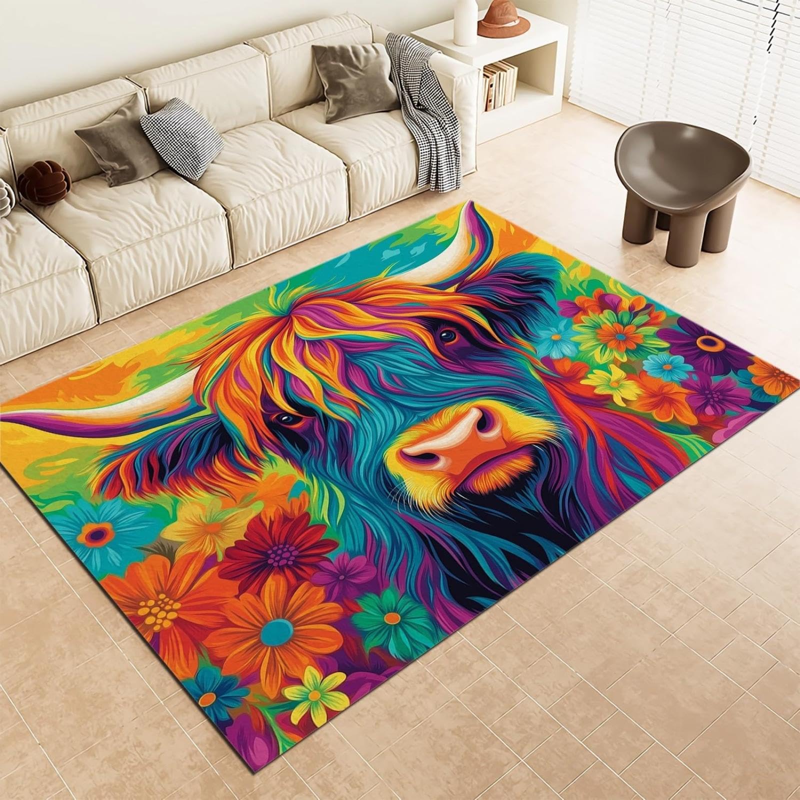 Grand tapis salon 80x200cm floral coloré et lavable pour chambre