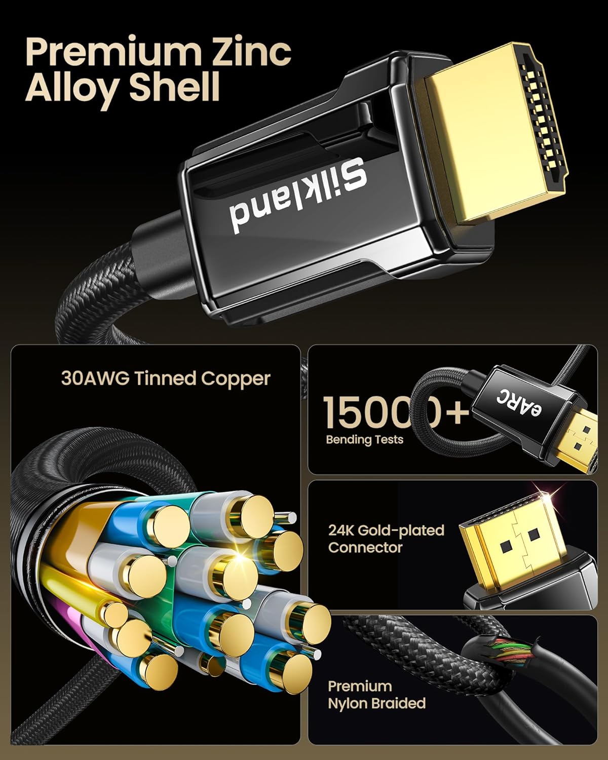 Silkland 8K HDMI ARC/eARC Cable 2.1 for Soundbar 10ft, 8K@60Hz, 4K@120Hz Ultra High Speed HDMI Cord, Dolby Atoms, 48Gbps HDR10, HDCP 2.2&2.3 Compatible for Vizio Samsung Bose Sound bar, UHD TV,Blu-ray