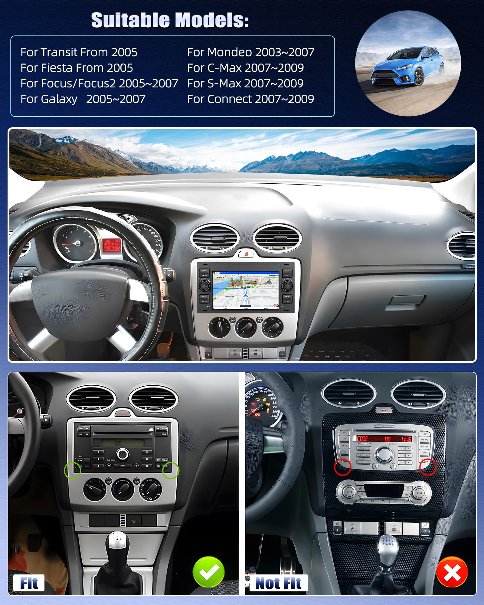 SIXWIN 4+64 GB Android 15 Autorradio para Ford C-MAX/Galaxy Mk2/Connect Mk1/Fiesta/S-Max con CarPlay/Android Auto, Pantalla Táctil de 7'' con WiFi, GPS, Bluetooth 5.0, Radio FM RDS, 32EQ+Cámara
