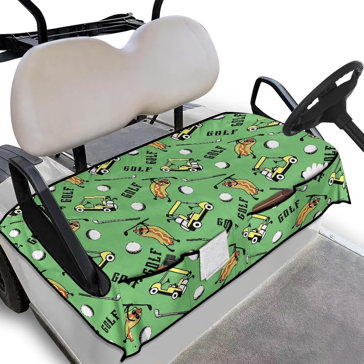 Biyejit Golf Cart Seat Covers, Universal Golf Cart Seat Towel Blanket with 4 Front Pockets for 2-Person Seats Golf Carts