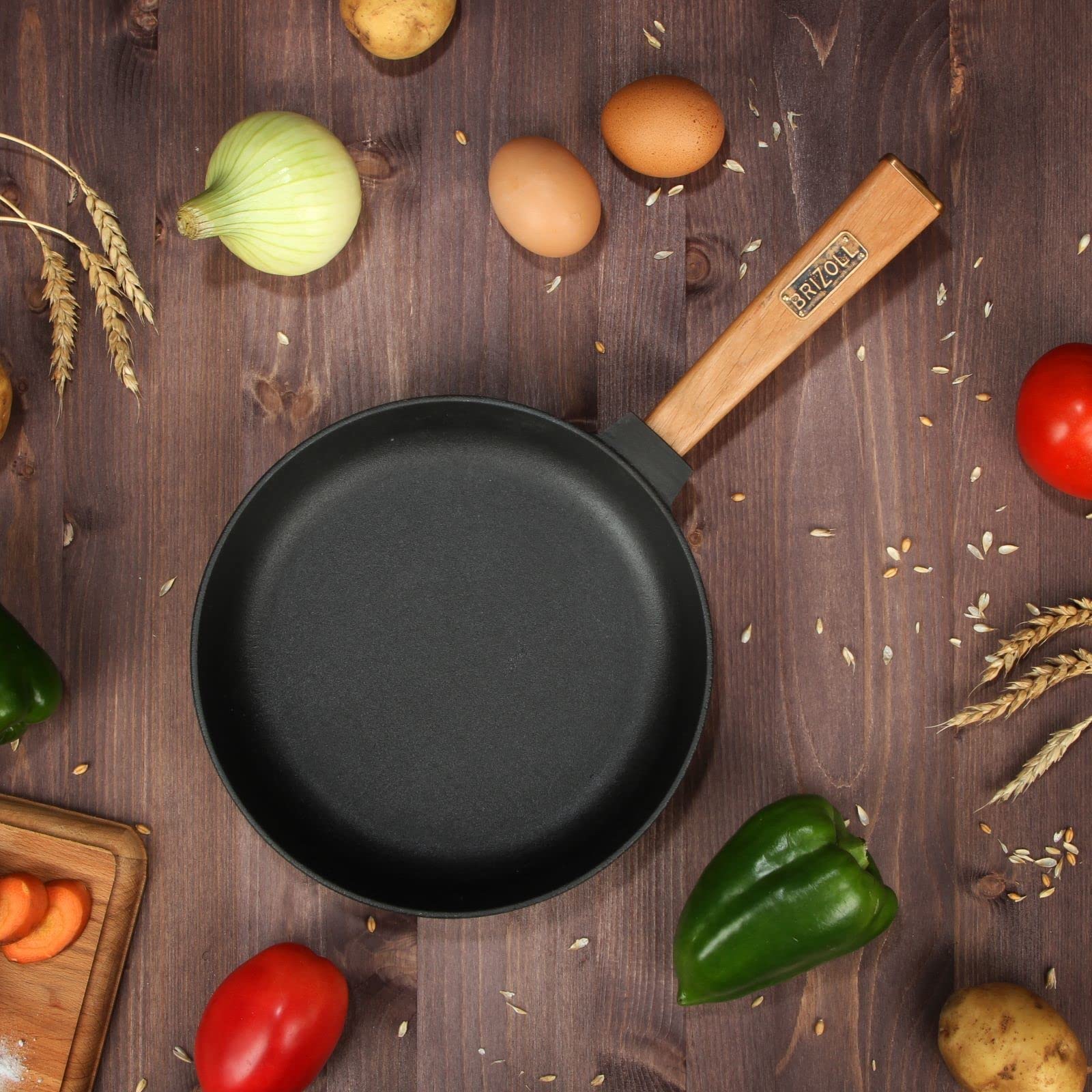 Padella in ghisa, 26 cm, con manico in legno, svitabile, padella in ghisa, padella per bistecca Cast Iron Pan, adatta per barbecue a gas, forno, focolare tutti i piani cottura, incl. induzione