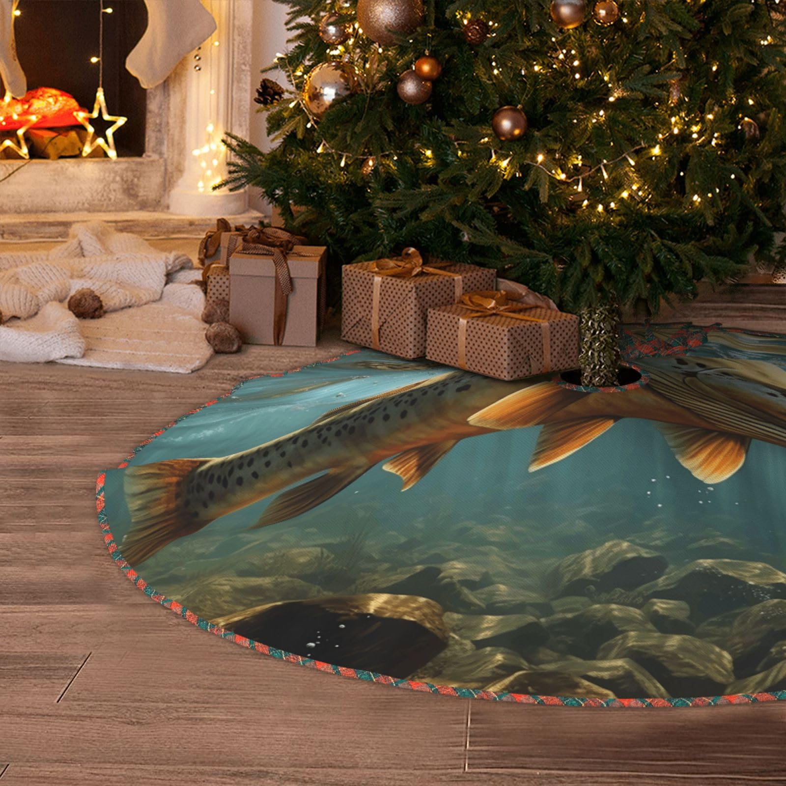 Fish Christmas Tree Skirt 48" Artificial Tree Mat Cover Merry Christmas Burlap Xmas Tree Skirt for Christmas Decoration Holiday Indoor Outdoor Winter Party Decor