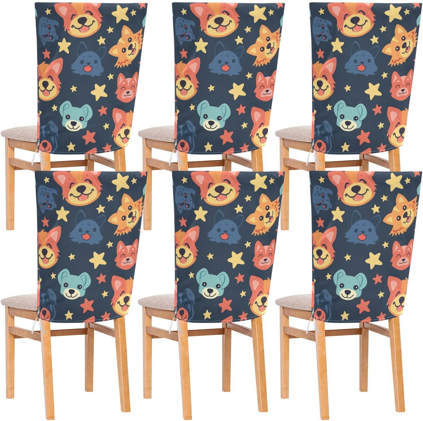 ALAZA Cute Dogs Stars Chair Back Cover Set of 6, Washable Reusable Removable Chair Slipcovers Decorative Chair Cover for Home Kitchen Wedding Party