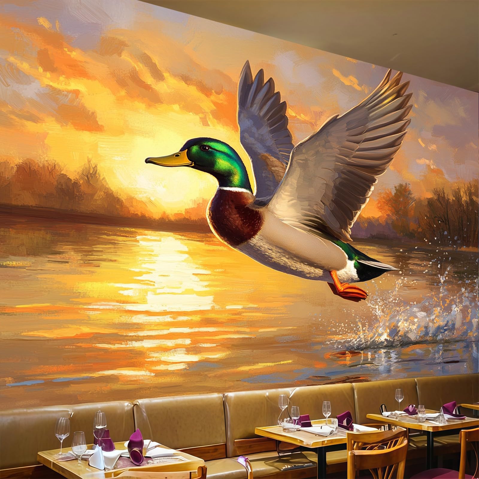 Papier peint canard colvert au coucher du soleil pour une chambre moderne et chaleureuse