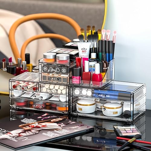 Miniatura 7 de Organizador de maquillaje acrílico transparente y almacenamiento para tocador, organizador de cuidado de la piel de baño con 8 cajones para tocador,