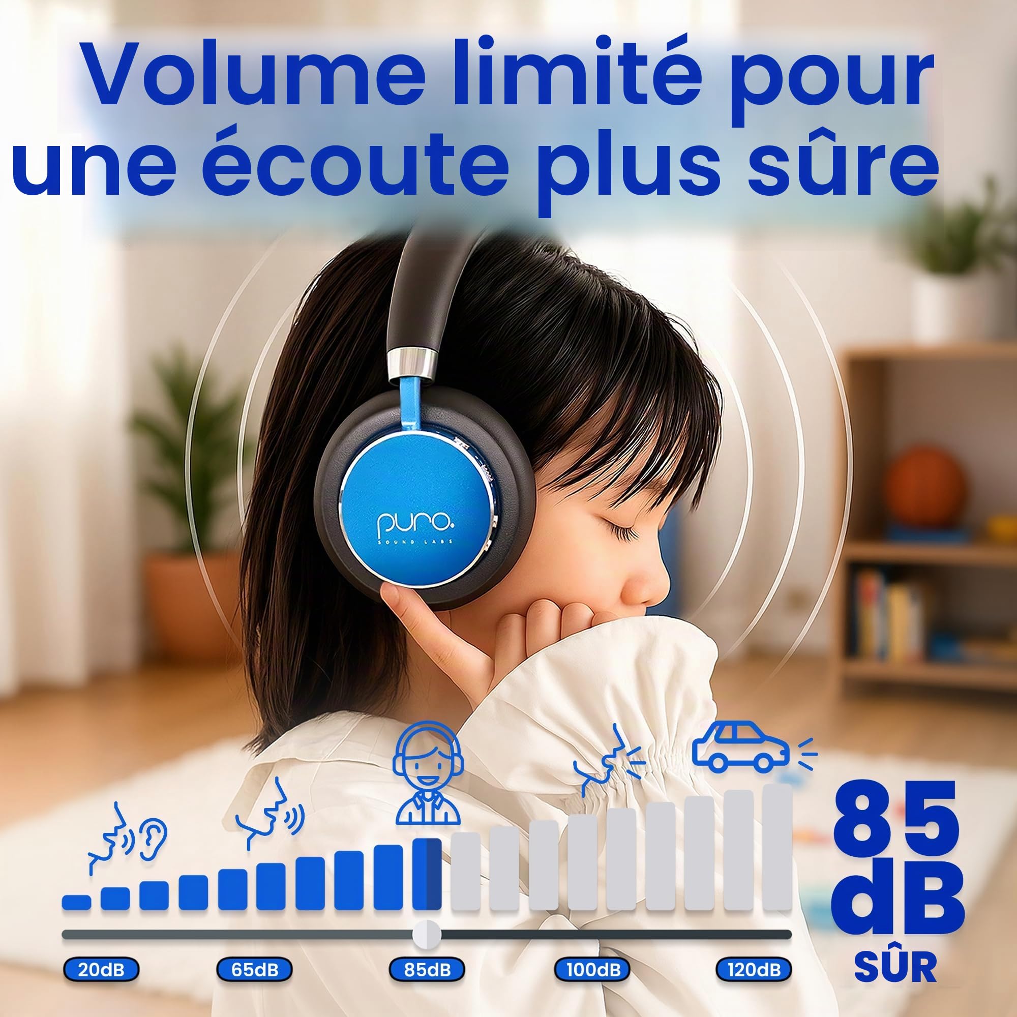 Puro Sound Labs BT2200-Plus Casque Bluetooth pour Enfants à Limitation du Volume - Casque Plus Sûr pour Enfants - Qualité Audio de Niveau Studio et Isolation du Bruit – Bleu