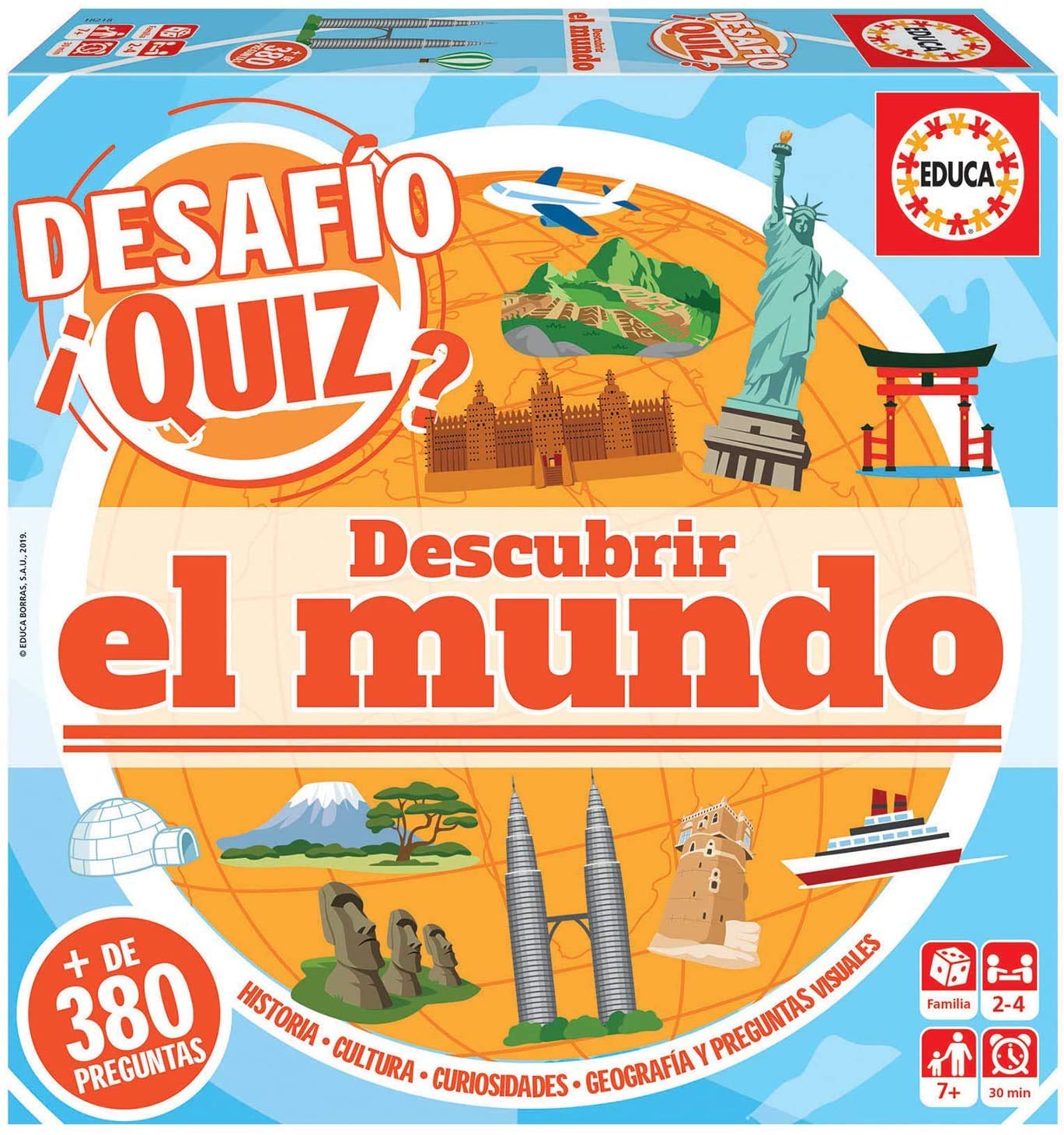 Educa Borrás Challenge Quiz Discover the World Family Board Game with 380 History Questions, Traditions, Mountains, etc. Ages 6 and up, Assorted Colour (18218)