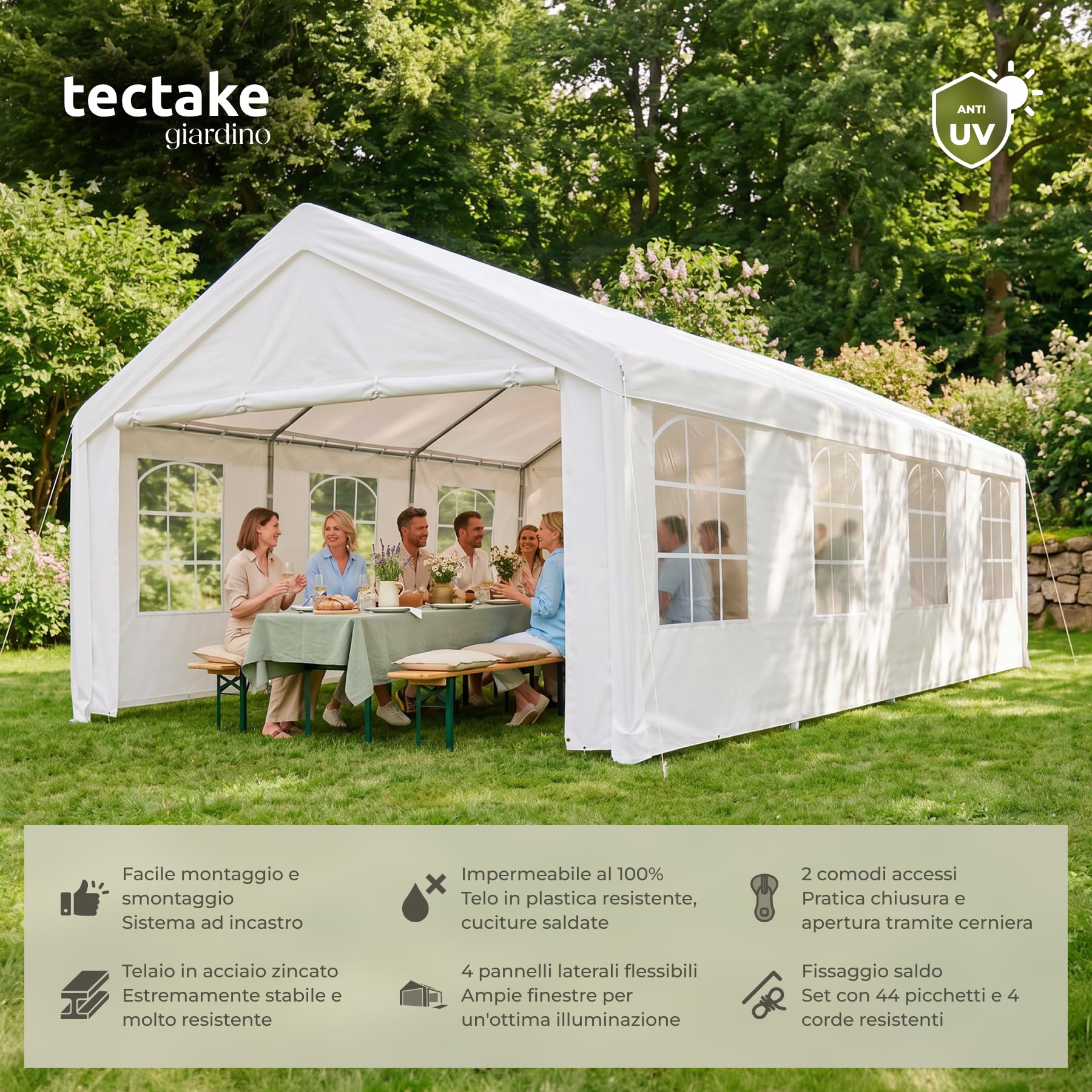 tectake® Tendone per Feste 8 x 4 m, Gazebo Impermeabile, Protezione UV 50+ | 2 Pareti Laterali e 2 Pannelli Frontali Rimovibili, Finestre Ampie, Telone Antistrappo, Telaio Acciaio Verniciato, Bianco