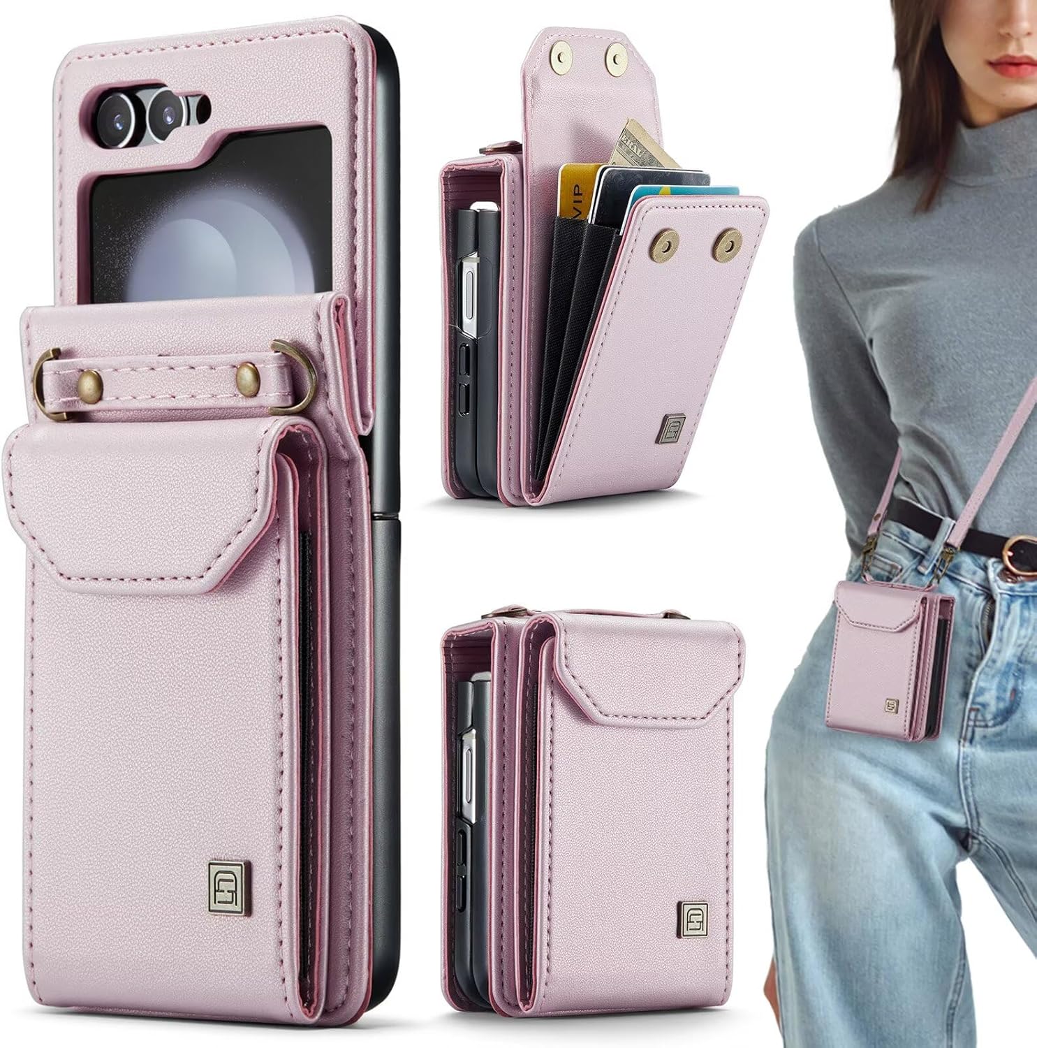 Crossbody Wallet case for Samsung Galaxy Z Flip 6 / Flip 7 FE with 7 Card Slots, RFID Blocking and Adjustable Shoulder Strap. Wallet case for Women (Pink)