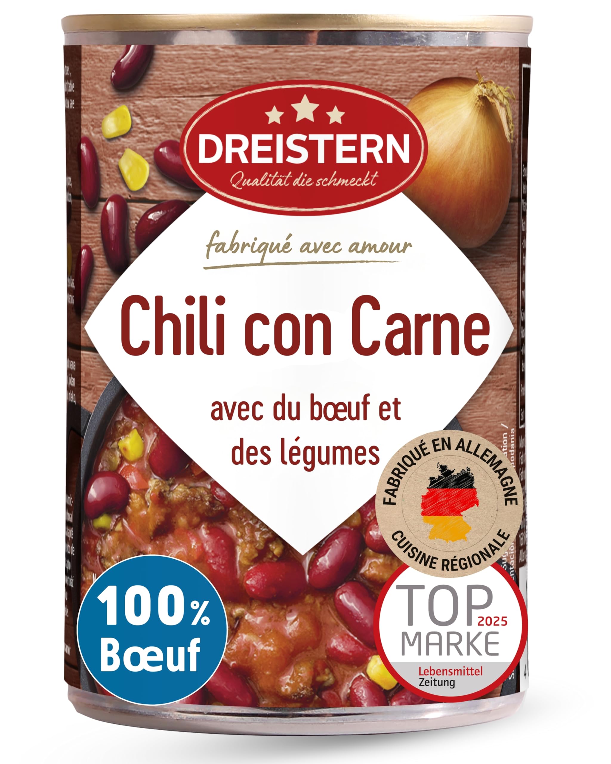 DREISTERN Chili con Carne 400g - Avec bœuf & légumes - Chili hyperprotéiné aux valeurs nutritives de qualité - Longue conservation & sans conservateurs ajoutés - Qualité maison