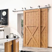Homacer Brushed Nickel Double Track U-Shape Bypass Sliding Barn Door Hardware Kit, for Two/Double Doors, 8ft Long Flat Track, T-Shape Design Roller