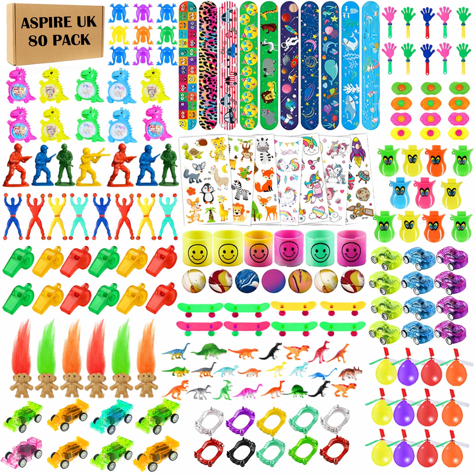 ASPIRE UK 80 Pack Kids Party Bag Fillers Bulk Mixed Toys Set, Novelty Toys, Fidget Toys, Mini Cars, Dinosaurs, Stickers & Games Birthday Party Favours, Lucky Dip Prizes for Boys & Girls Of Ages 3+
