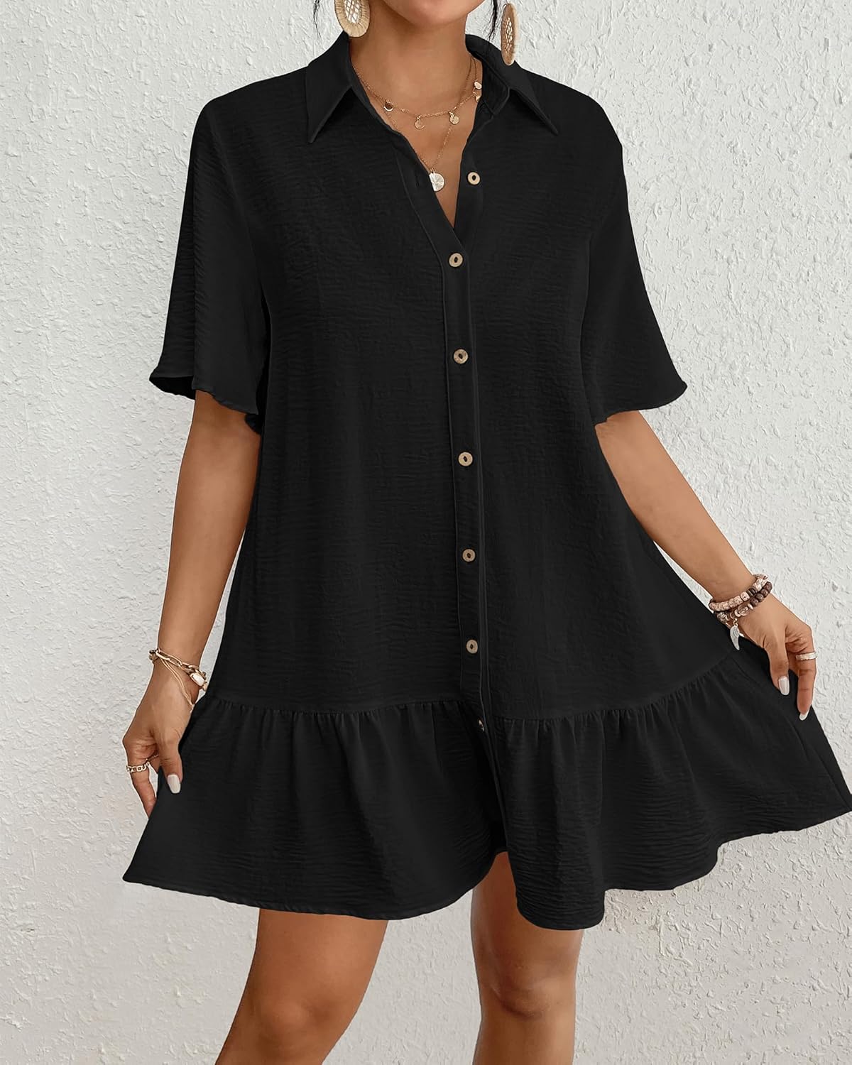 Bsubseach Womens Swimsuit Coverup Button Down Bathing Suit Cover Up Swimwear Bell Sleeve Beach Shirt Dress - Image 4