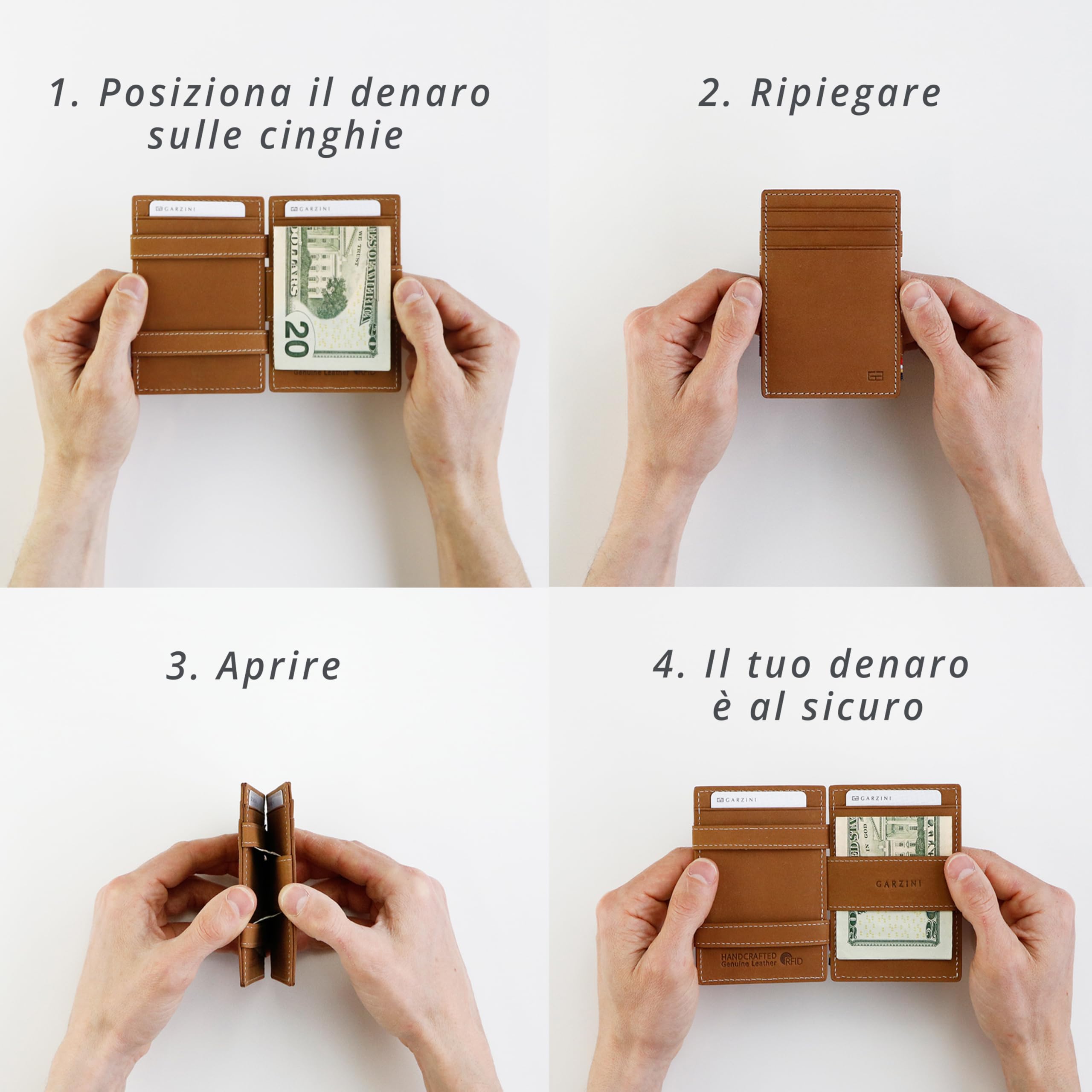 GARZINI Portafoglio Magico - in vera pelle, sottile e minimalista Magic Wallet da uomo con sistema di blocco RFID, custodia per le carte, linguetta di estrazione e portamonete