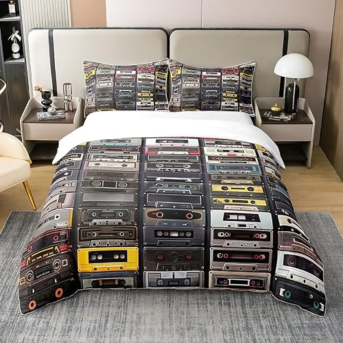 Erosebridal Juego de ropa de cama vintage de algodón 100% natural, con cinta de música retro impresa, funda de edredón con cassette, reproducción de