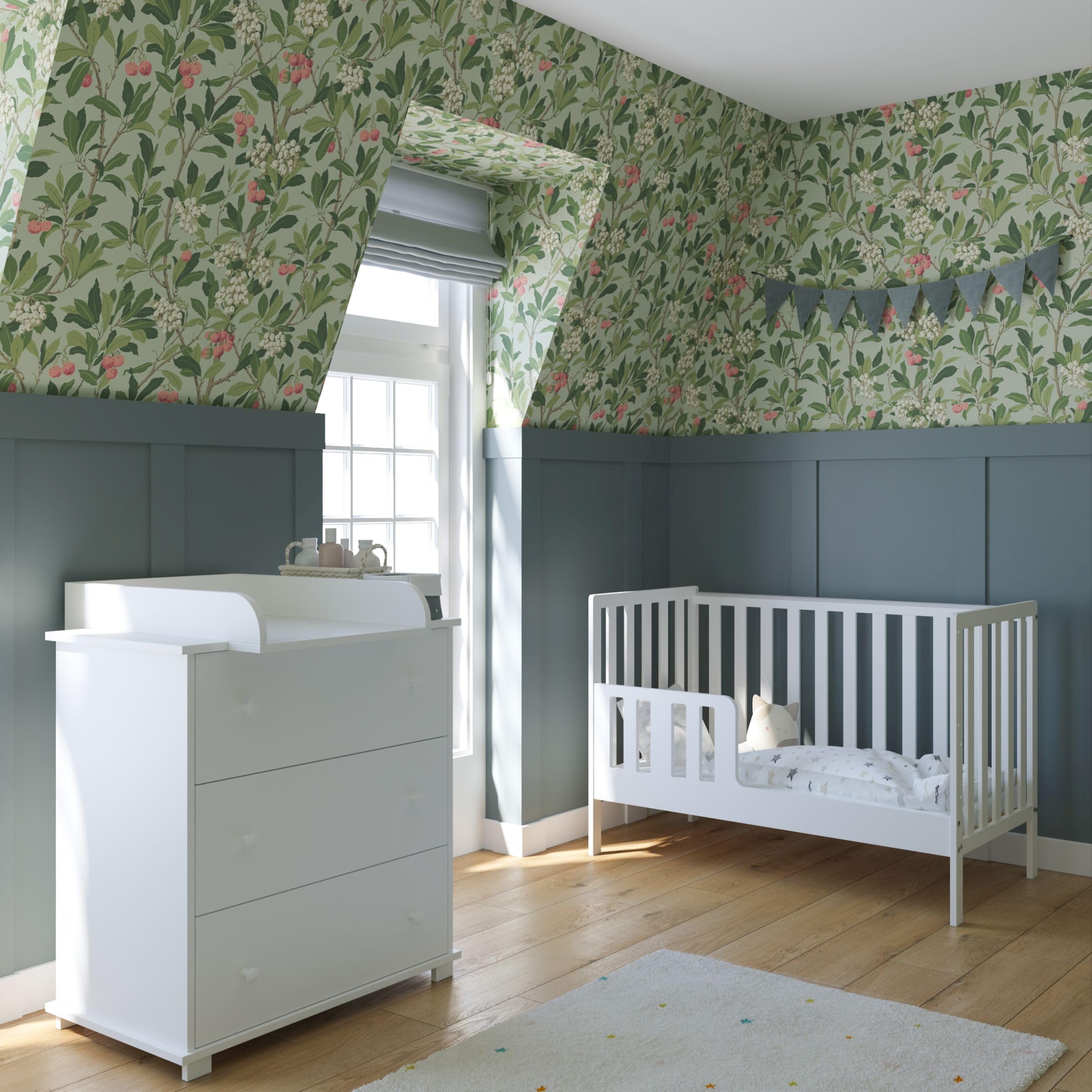 zee Bambi Cuna Bebe 120x60 cm 2 en 1 Blanca Cuna Convertible en Cama Junior con Barrotes Barrera de Seguridad Somier Regulable 3 Alturas Protector Mordedor Madera Maciza