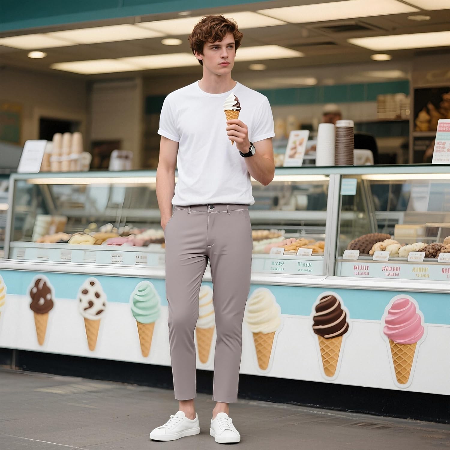 Plaid&Plain Men's Slim Fit Khaki Pants Stretch Cropped Chino Skinny Pants - Image 3