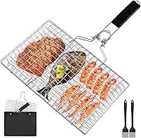 Ribber Folding Fish Grill Basket - Portable Stainless Steel Grilling Rack for Fish, Veggies, Shrimp & Meat w/ Storage Bag & Brushes