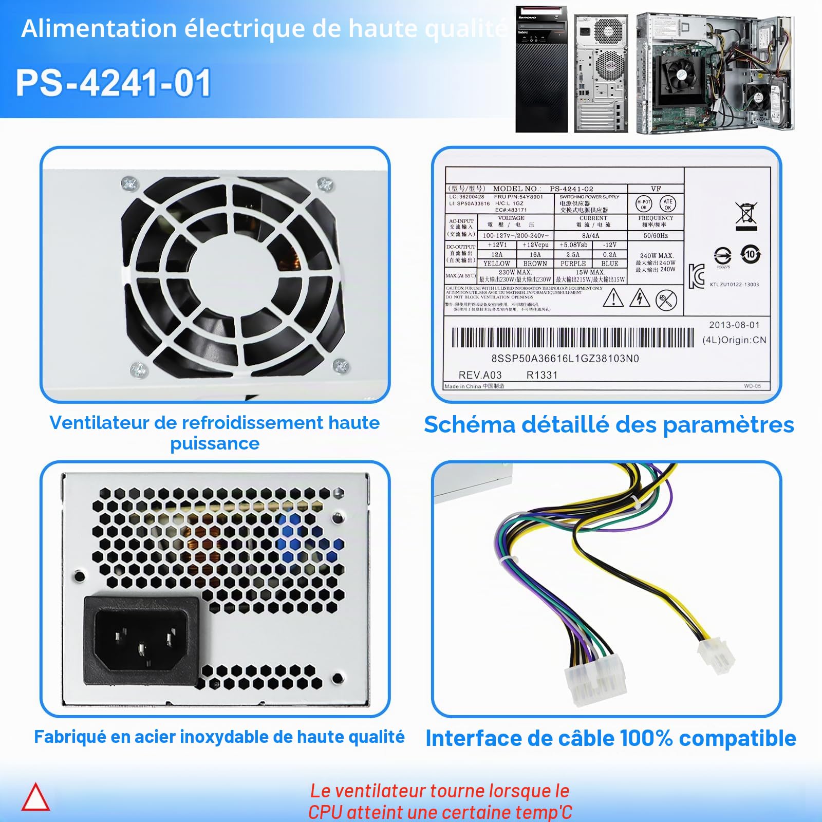 S-Union Bloc d'alimentation de rechange PS-4241-01 240 W compatible avec Lenovo Edge 92 93 ThinkCentre M73 M78 M82 M83 M92 M93 ThinkStation E31 SFF 54Y8849 PS-4241-02 54Y8901